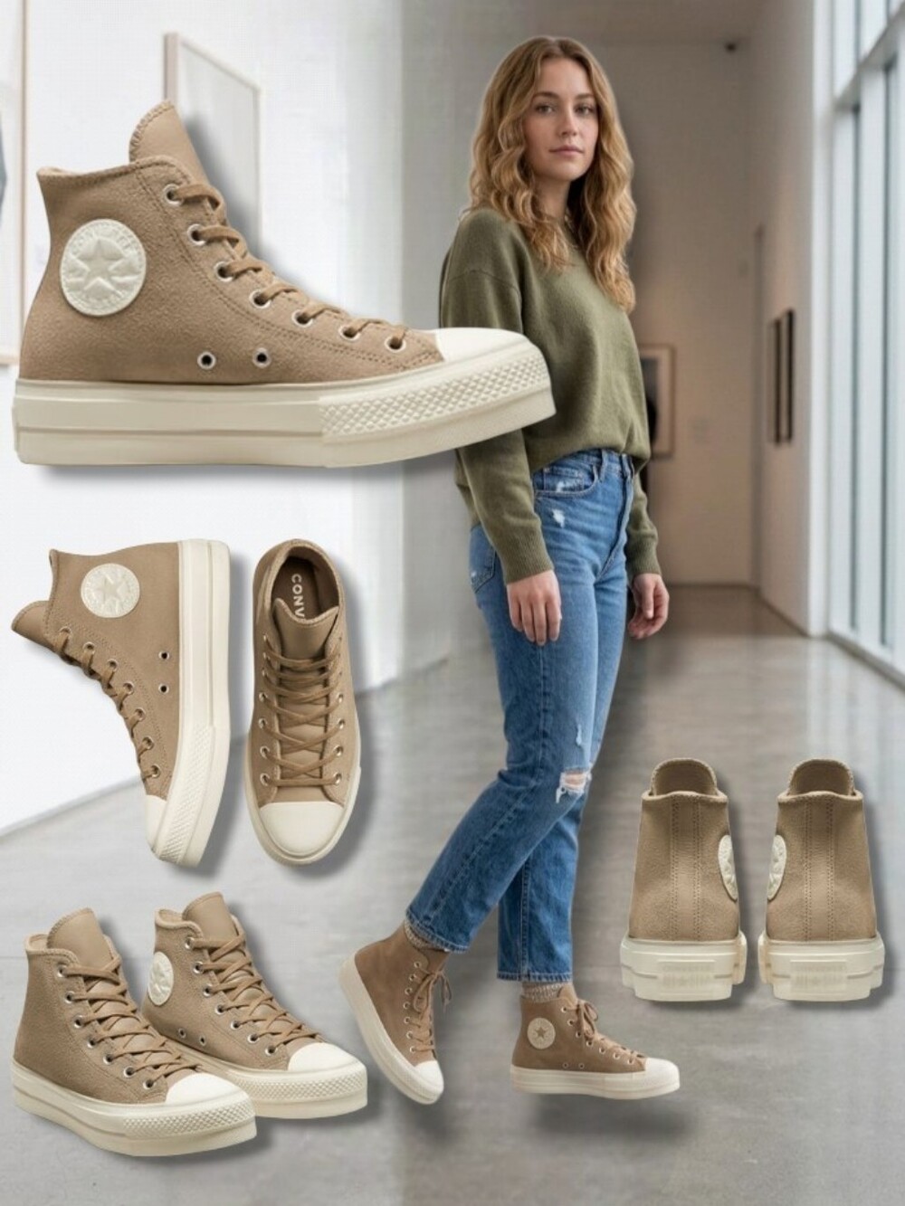 CONVERSE Chuck Taylor All-Star Khaki  Suede Lift High-Top Platform Sneakers